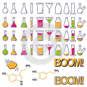 Vector chemical clip art set of outline flat test tube and flasks for laboratory